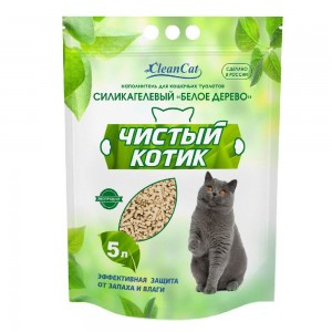 Чистый котик Белое Дерево (Силикагелевый наполнитель для кошек (с добавлением древесины), 16 л