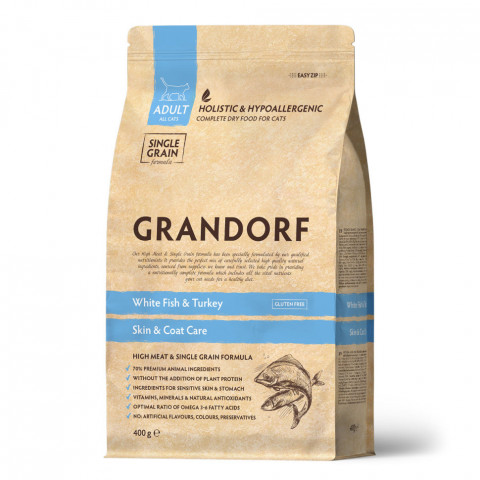 Grandorf сухой корм для кошек забота о коже и шерсти с белой рыбой и индейкой - 400 г