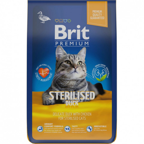 Brit Premium Cat Sterilised сухой корм для взрослых стерилизованных кошек с уткой и курицей - 8 кг