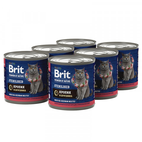 Brit Premium by Nature (консервы с мясом кролика и брусникой для стерилизованных кошек), 200 г х 6 шт