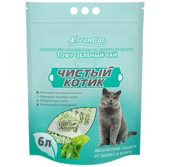 Чистый Котик Наполнитель комкующийся ТОФУ ЗЕЛЕНЫЙ ЧАЙ, 6 л