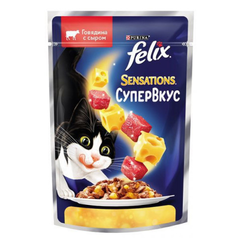 FELIX Sensations для взрослых кошек супер вкус, говядина, сыр - 26шт х 75 гр