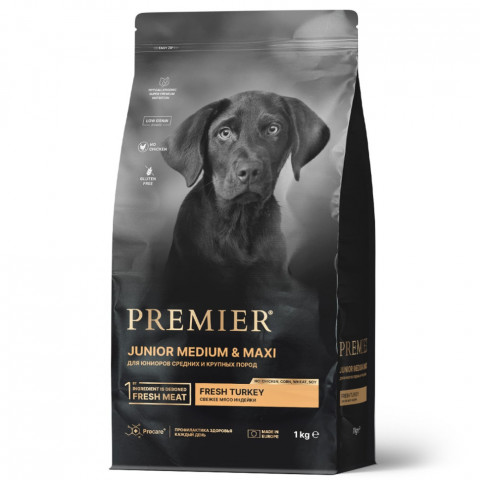 Premier Dog Turkey Junior Medium & Maxi сухой корм для юниоров средних и крупных пород, свежее мясо индейки - 1 кг