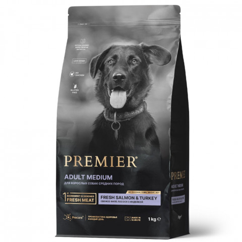 Premier Dog Salmon & Turkey Adult Medium сухой корм для собак средних пород, свежее филе лосося с индейкой - 1 кг