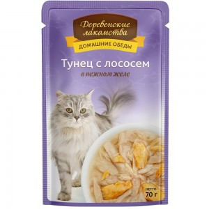 M Деревенские лакомства Тунец с лососем в нежном желе (Паучи для взрослых кошек), 70 г x 12 шт