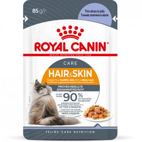 Royal Canin Hair&Skin Care влажный корм для взрослых кошек, для поддержания здоровья кожи и красоты шерсти, тонкие ломтики в желе, в паучах - 85 г*28 шт