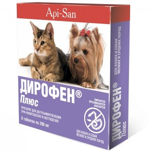 Дирофен Плюс для кошек и собак мелких и средних пород (Средство для дегельминтизации при нематодозах и цестодозах), 6 таблеток по 200 мг