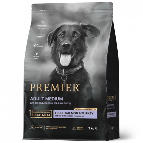 Premier Dog Salmon & Turkey Adult Medium сухой корм для собак средних пород, свежее филе лосося с индейкой - 3 кг