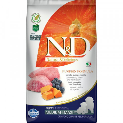 Farmina N&D Pumpkin Dog Grain Free Lamb & Blueberry Puppy Medium & Maxi сухой беззерновой корм для щенков средних и крупных пород с ягненком, черникой и тыквой - 2,5 кг