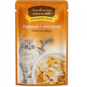 M Деревенские лакомства Курица с лососем в нежном желе (Паучи для взрослых кошек), 70 г x 12 шт