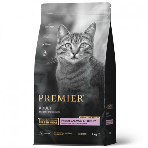 Premier Cat Salmon & Turkey Adult сухой корм для взрослых кошек, свежее филе лосося с индейкой - 2 кг