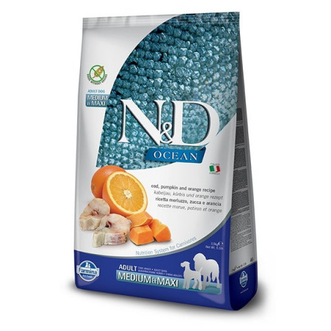 Farmina N&D Ocean Dog Codfish, Pumpkin & Orange Adult Medium & Maxi сухой беззерновой корм для взрослых собак средних и крупных пород с треской, тыквой и апельсином - 12 кг
