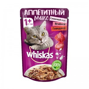 АКЦИЯ Whiskas Аппетитный микс, креветки и лосось со сливочным соусом (Паучи для взрослых кошек), 85г х 24шт