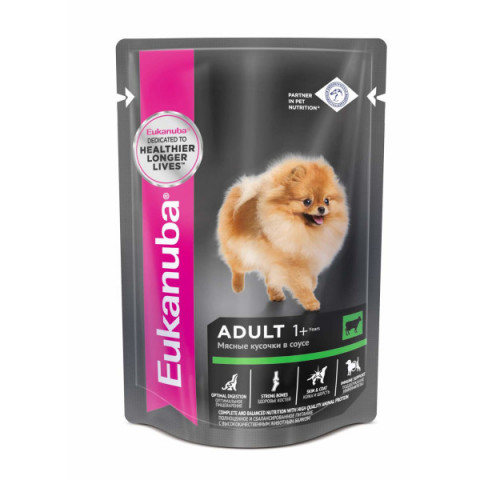 Eukanuba Adult Dog влажный корм для собак с говядиной в соусе в паучах, 100 г х 24 шт