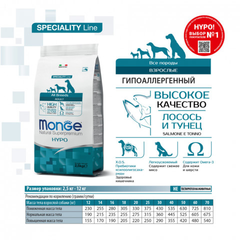 Monge Dog Speciality Hypoallergenic сухой корм для взрослых собак гипоаллергенный с лососем и тунцом 12 кг