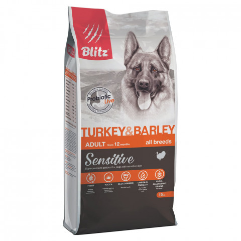Сухой корм Blitz Adult Turkey & Barley для собак с индейкой и ячменем - 15 кг