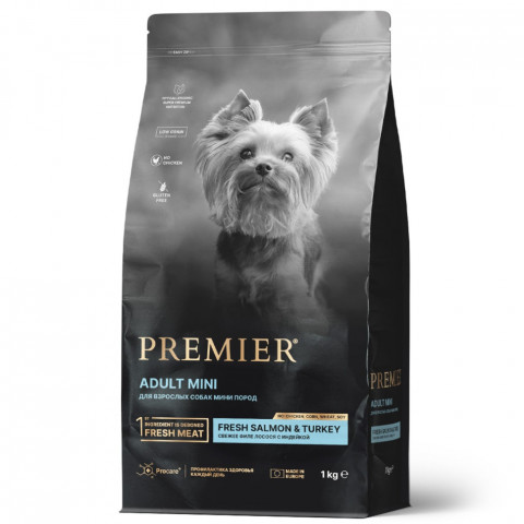 Premier Dog Salmon & Turkey Adult Mini сухой корм для собак мелких пород, свежее филе лосося с индейкой - 1 кг