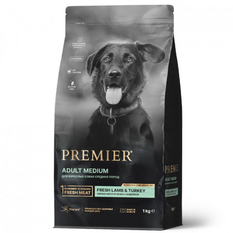 Premier Dog Lamb & Turkey Adult Medium сухой корм для собак средних пород, свежее мясо ягненка с индейкой - 1 кг