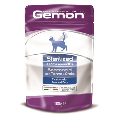 Gemon Cat Sterilised влажный корм для стерилизованных кошек с тунцом и рыбой дори в паучах, 100 г х 24 шт