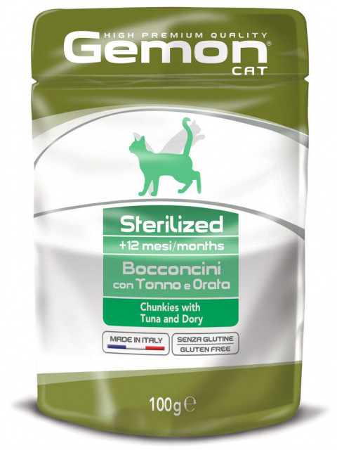 Gemon Cat Sterilised влажный корм для стерилизованных кошек с тунцом и рыбой дори в паучах, 100 г х 24 шт