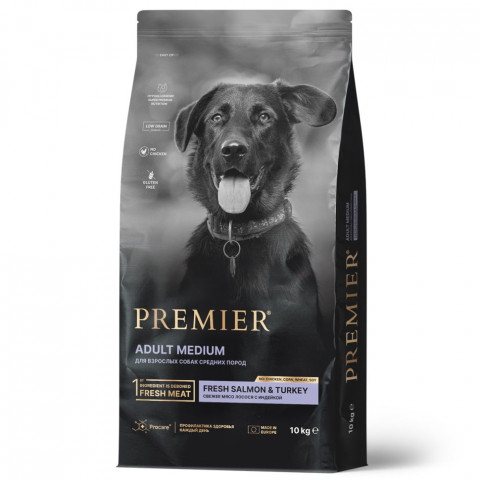 Premier Dog Salmon & Turkey Adult Medium сухой корм для собак средних пород, свежее филе лосося с индейкой - 10 кг