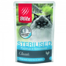 Blitz Cat Adult Sterilised влажный корм для стерилизованных кошек с курицей и брусникой в желе в паучах - 85 г (24 шт)