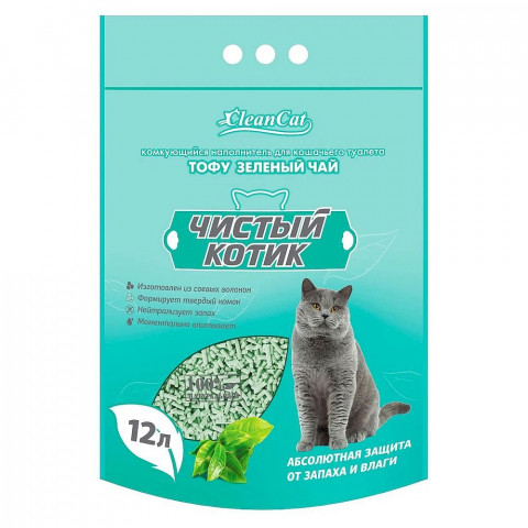 Чистый Котик Наполнитель комкующийся  ТОФУ ЗЕЛЕНЫЙ ЧАЙ 12 л
