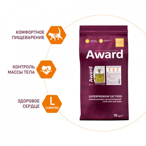 AWARD Hairball & Indoor сухой корм для взрослых кошек, для выведения шерсти, с уткой, индейкой, зеленой чечевицей и юккой Шидигера - 10 кг