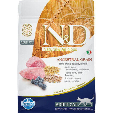 Farmina N&D Ancestral Grain Cat Lamb, Spelt, Oats And Blueberry Adult сухой низкозерновой корм для взрослых кошек с ягненком и черникой - 300 г