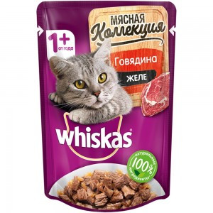 Whiskas Мясная Коллекция Говядина в желе (Паучи для взрослых кошек), 75г х 28шт