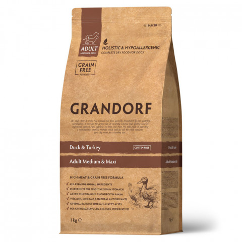 Grandorf сухой корм для взрослых собак средних и крупных пород с уткой и индейкой - 1 кг