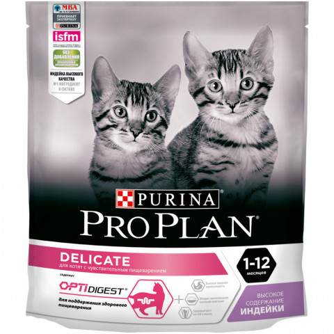 Pro Plan Delicate сухой корм для котят при чувствительном пищеварении с индейкой - 400 г